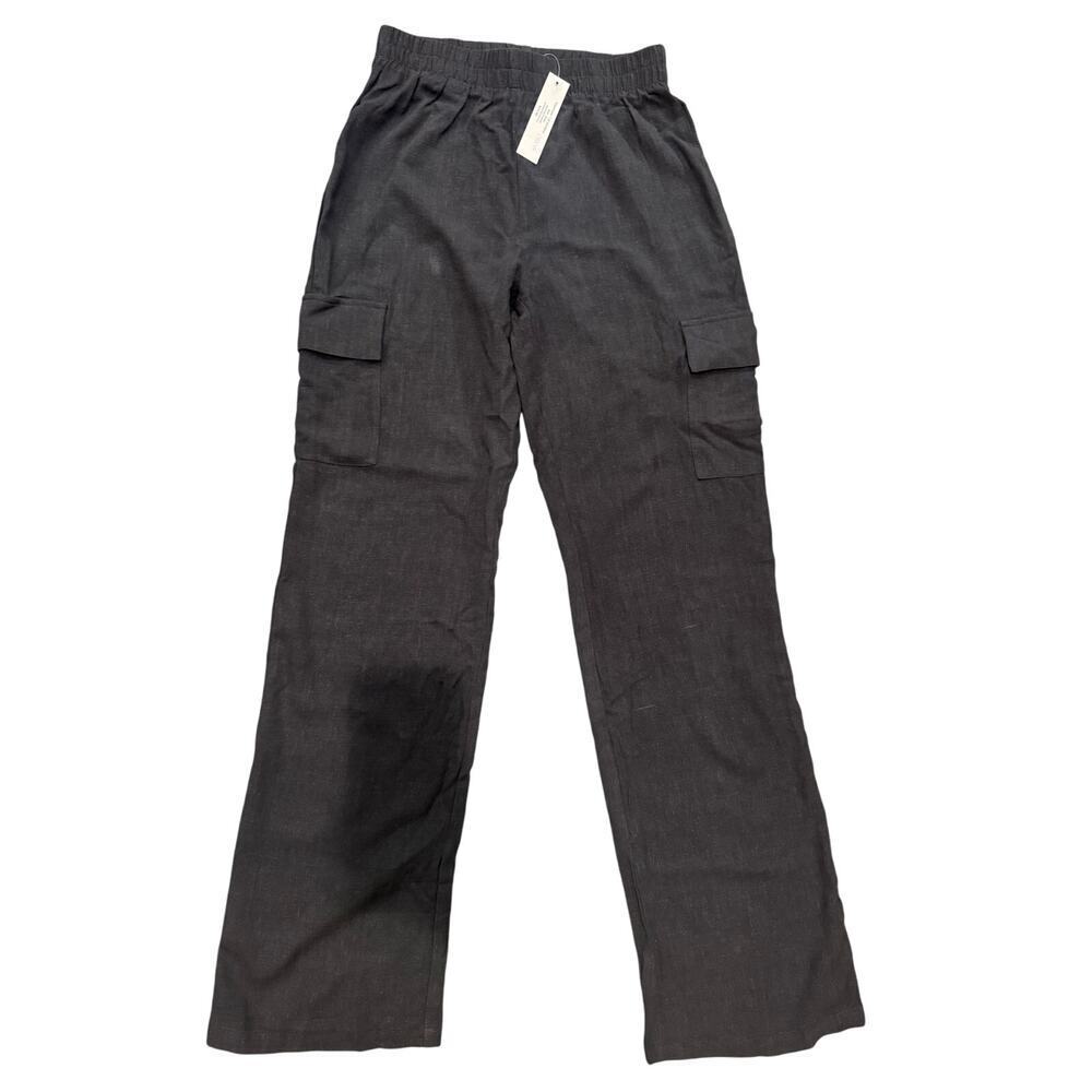 Nwt Drew Size Small Women's Black Linen Blend High Rise Wide Leg Cargo Pants